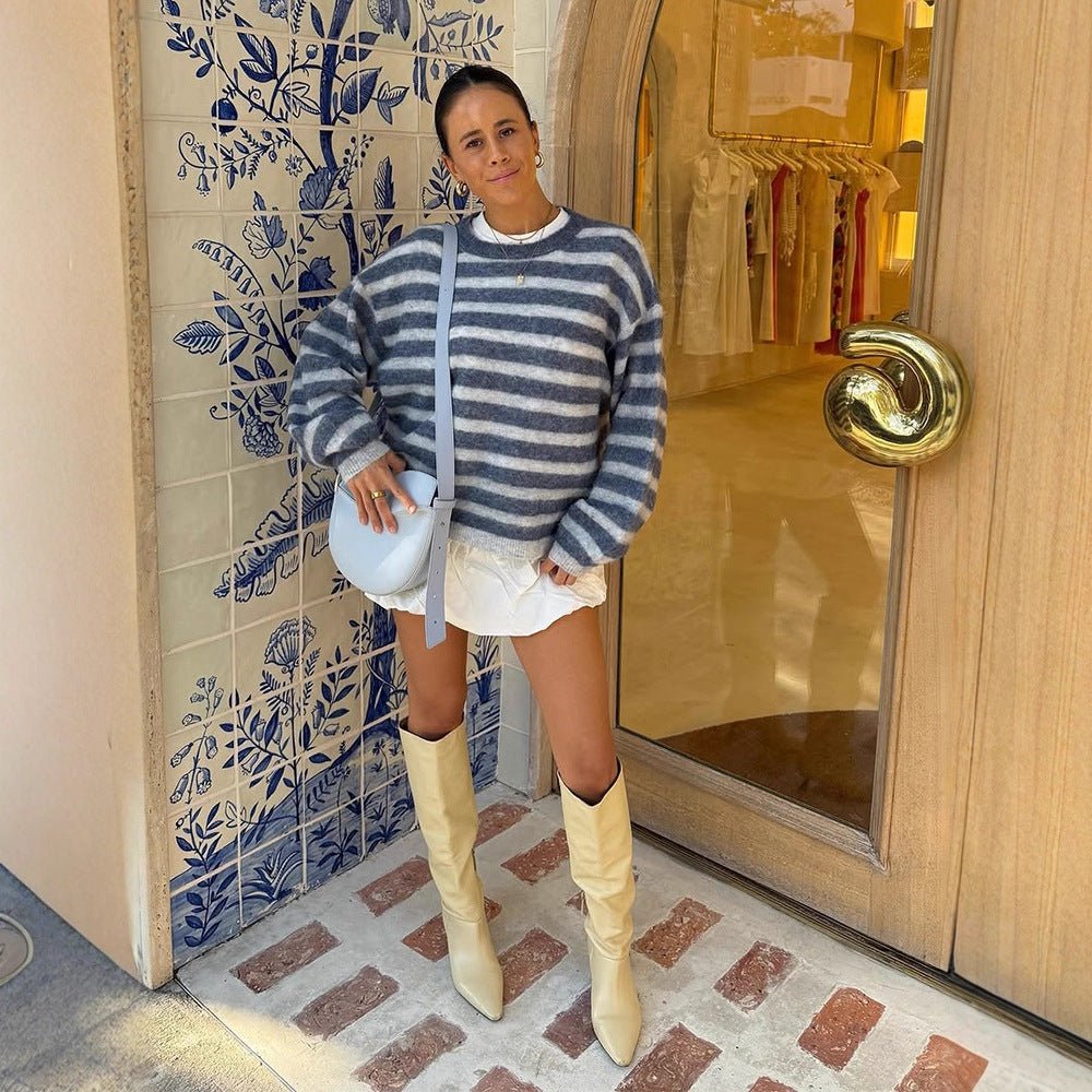 Women Striped Mohair-Mix Oversized Sweater with Balloon Sleeves Chichicherry - Chichicherry