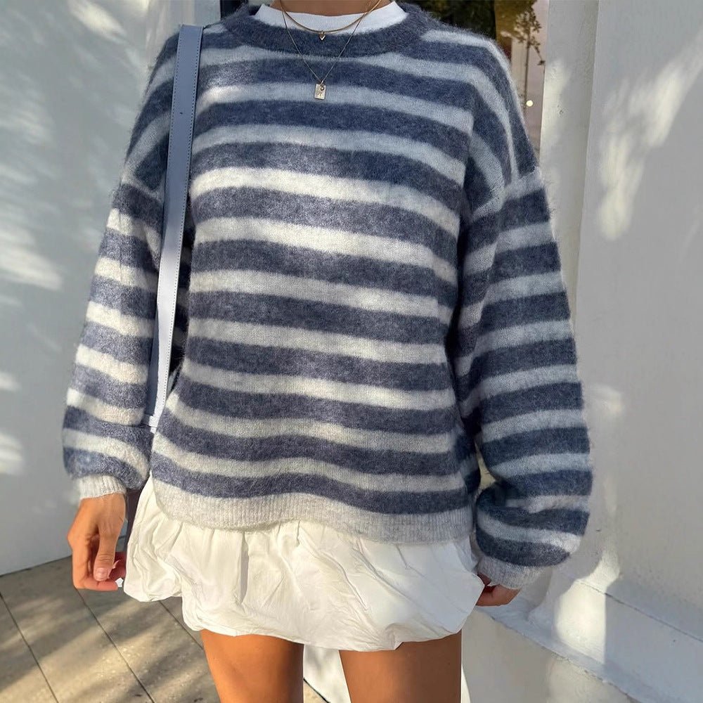 Women Striped Mohair-Mix Oversized Sweater with Balloon Sleeves Chichicherry - Chichicherry