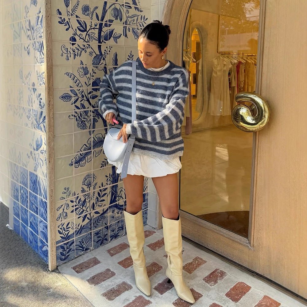 Women Striped Mohair-Mix Oversized Sweater with Balloon Sleeves Chichicherry - Chichicherry