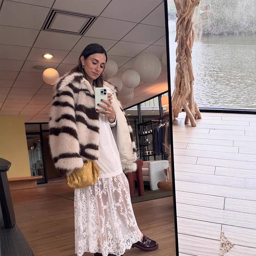 Women Striped Oversize Faux Fur Coat with Short Boxy Cut Chichicherry - Chichicherry