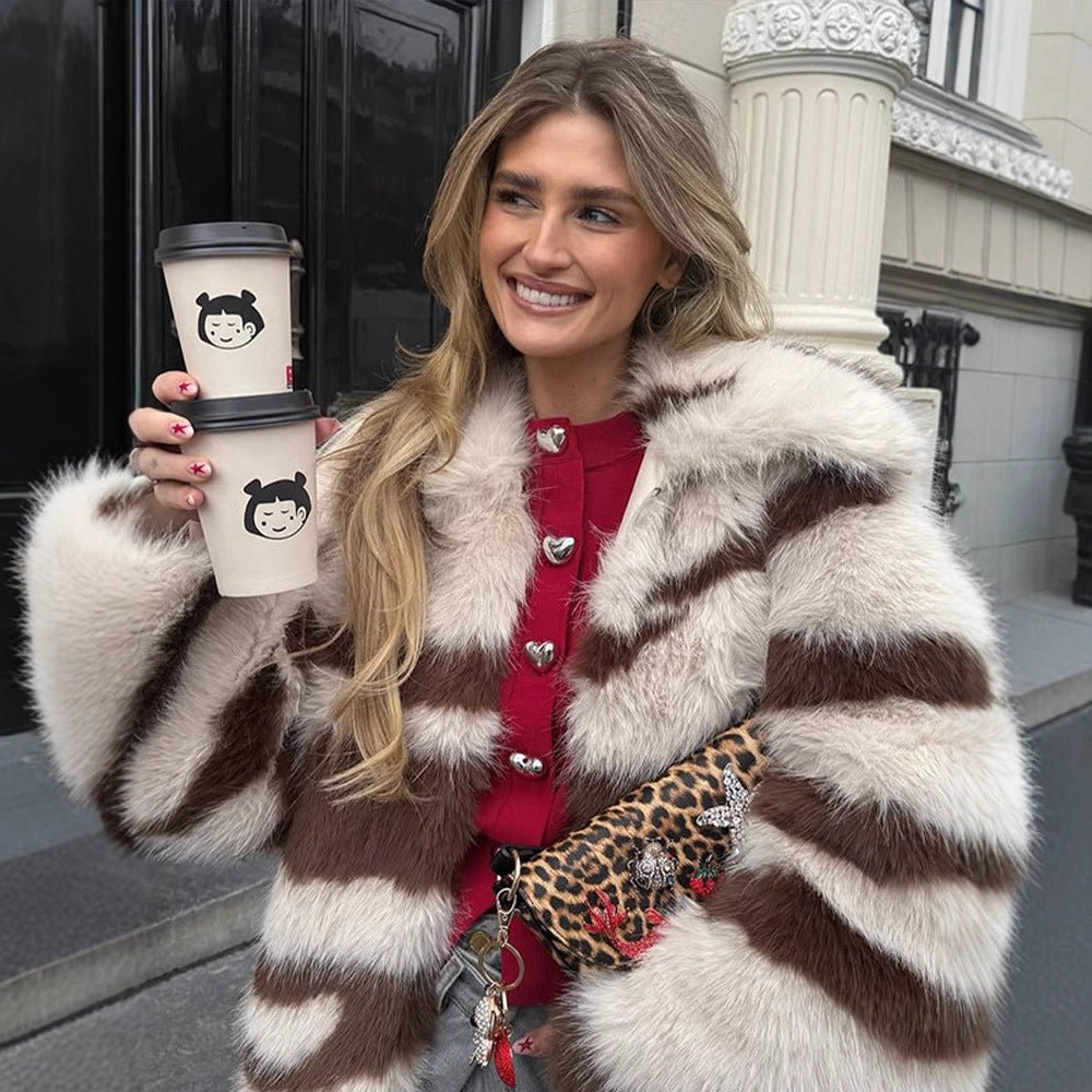 Women Striped Oversize Faux Fur Coat with Short Boxy Cut Chichicherry - Chichicherry