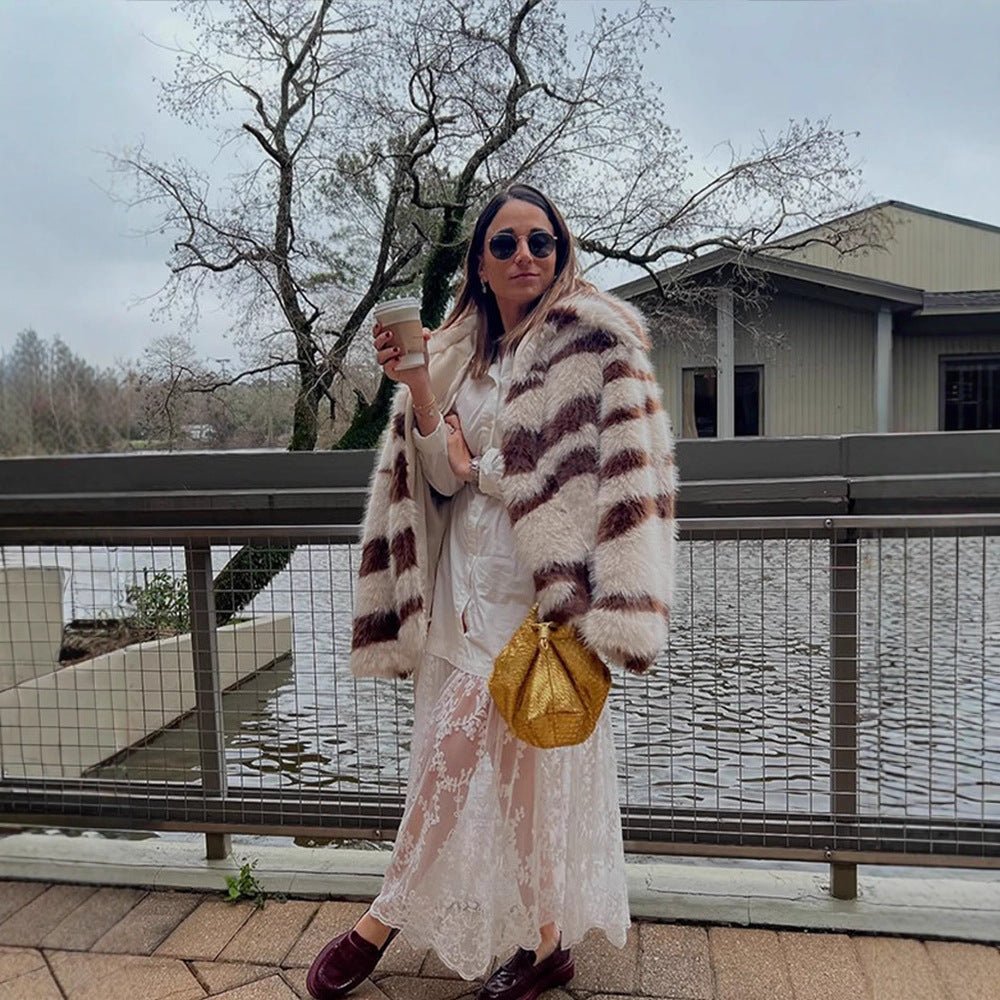 Women Striped Oversize Faux Fur Coat with Short Boxy Cut Chichicherry - Chichicherry