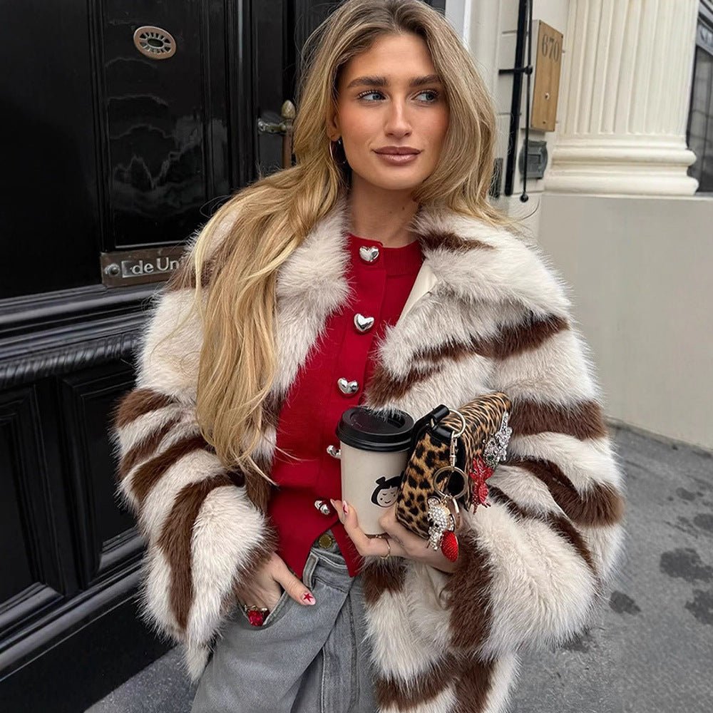 Women Striped Oversize Faux Fur Coat with Short Boxy Cut Chichicherry - Chichicherry