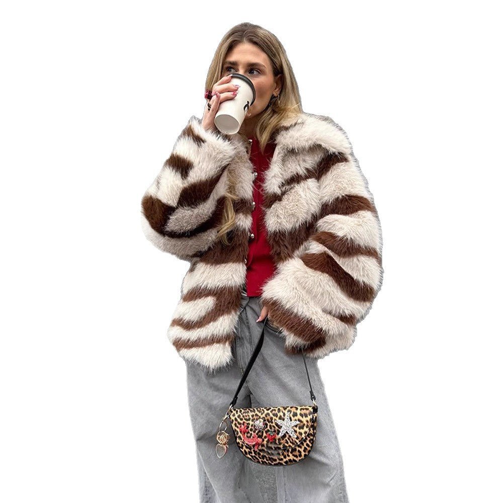 Women Striped Oversize Faux Fur Coat with Short Boxy Cut Chichicherry - Chichicherry