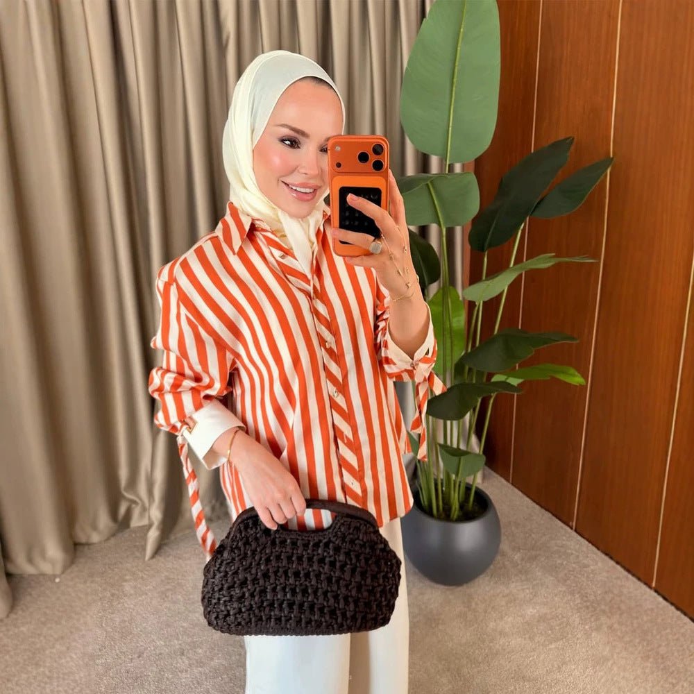 Women Striped Oversize Shirt Blouse with Ties on Sleeves and Concealed Button Placket Chichicherry - Chichicherry