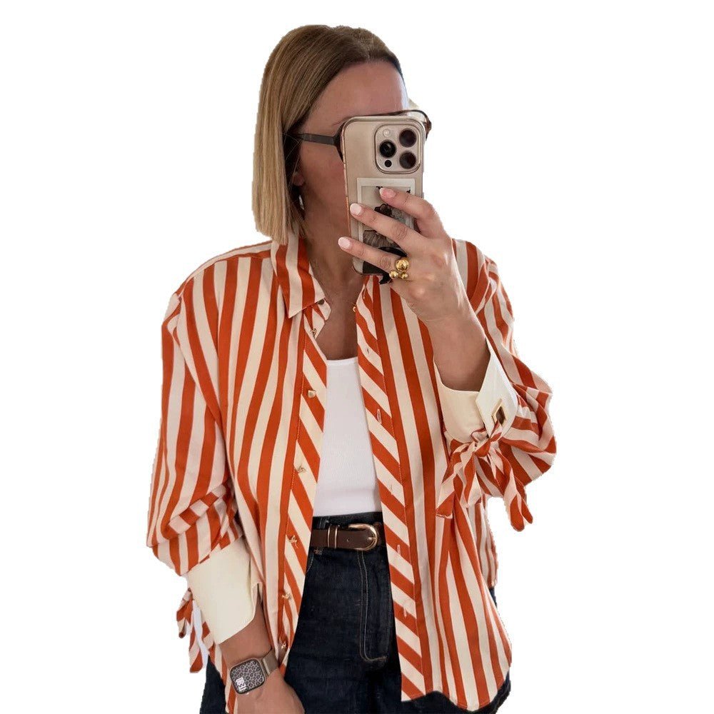 Women Striped Oversize Shirt Blouse with Ties on Sleeves and Concealed Button Placket Chichicherry - Chichicherry
