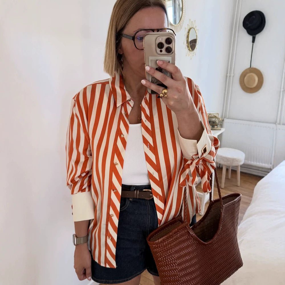 Women Striped Oversize Shirt Blouse with Ties on Sleeves and Concealed Button Placket Chichicherry - Chichicherry