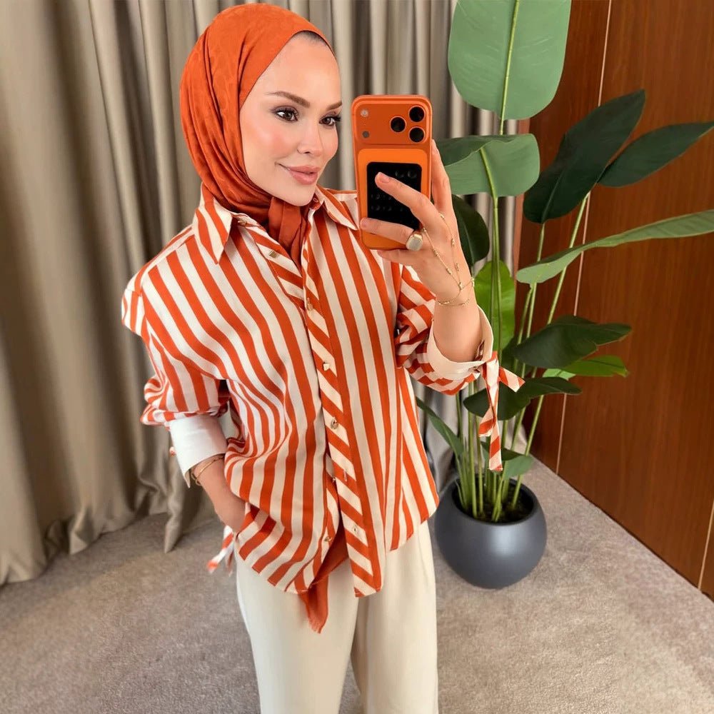 Women Striped Oversize Shirt Blouse with Ties on Sleeves and Concealed Button Placket Chichicherry - Chichicherry