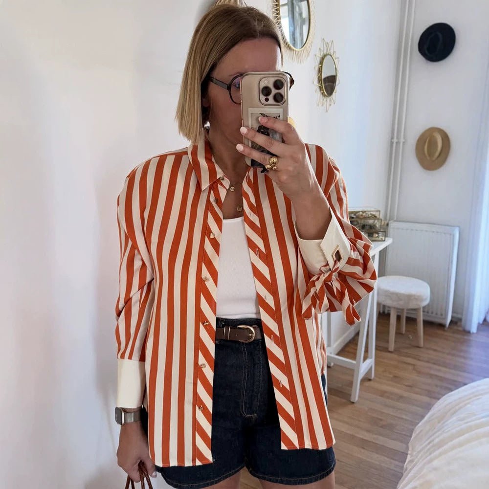 Women Striped Oversize Shirt Blouse with Ties on Sleeves and Concealed Button Placket Chichicherry - Chichicherry