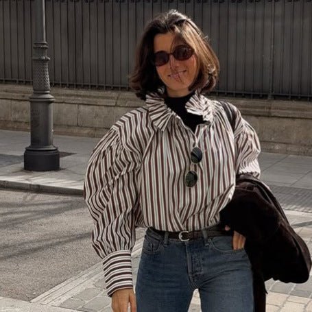 Women Striped Oversized Blouse with Ruffled Collar & Voluminous Puff Sleeves Chichicherry - Chichicherry