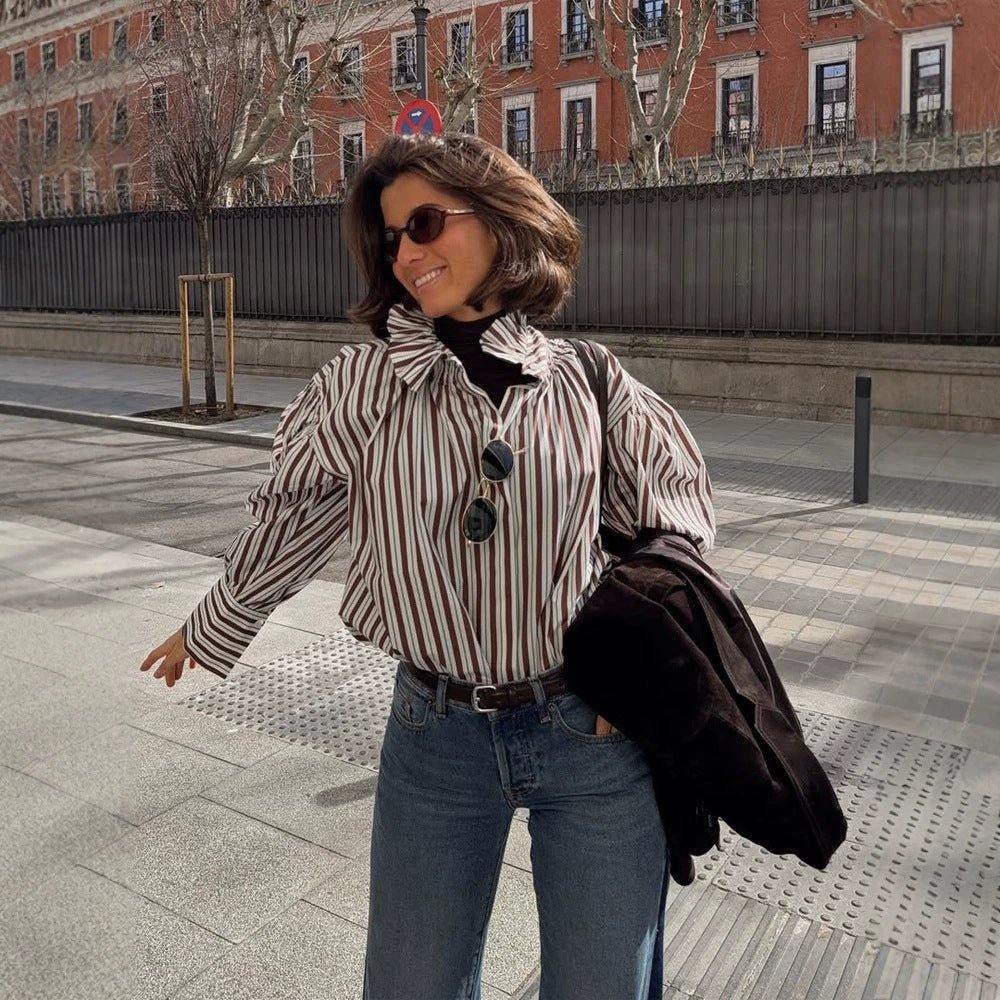 Women Striped Oversized Blouse with Ruffled Collar & Voluminous Puff Sleeves Chichicherry - Chichicherry