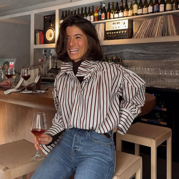 Women Striped Oversized Blouse with Ruffled Collar & Voluminous Puff Sleeves Chichicherry - Chichicherry
