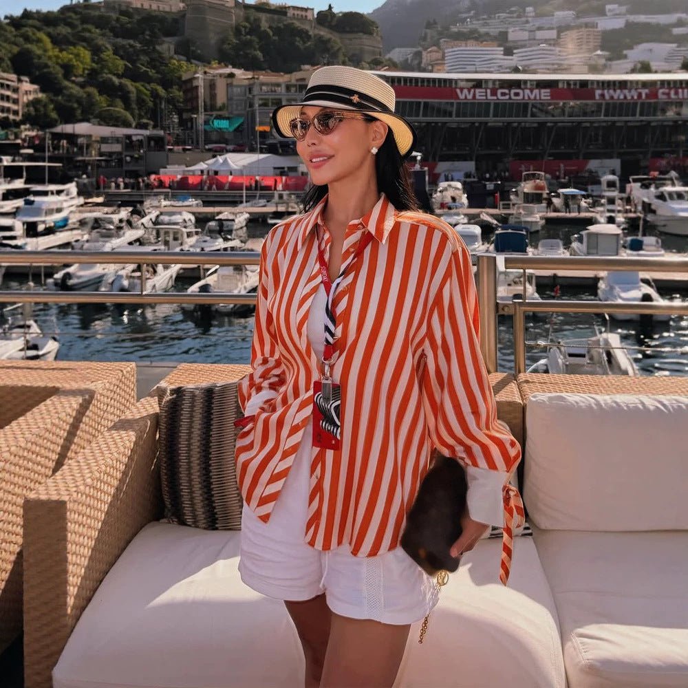 Women Striped Oversized Shirt Blouse with Contrasting Cuffs & Knot Finishes Chichicherry - Chichicherry