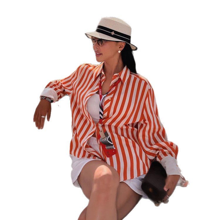 Women Striped Oversized Shirt Blouse with Contrasting Cuffs & Knot Finishes Chichicherry - Chichicherry