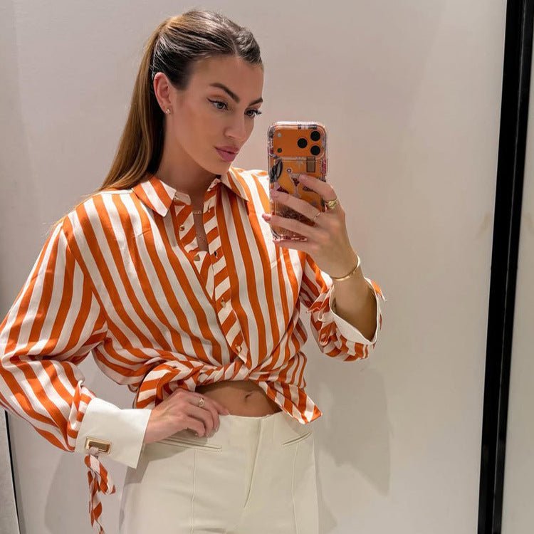 Women Striped Oversized Shirt Blouse with Contrasting Cuffs & Knot Finishes Chichicherry - Chichicherry