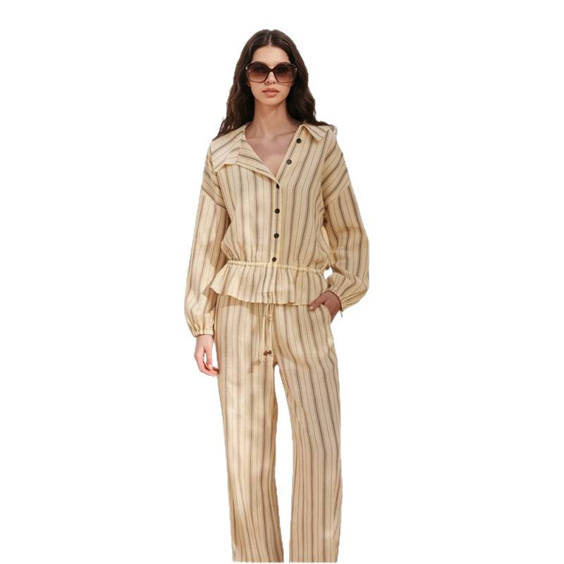 Women Striped Two-Piece Loungewear Set with Oversized Shirt Jacket and Drawstring Pants Chichicherry - Chichicherry