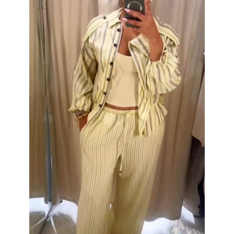 Women Striped Two-Piece Loungewear Set with Oversized Shirt Jacket and Drawstring Pants Chichicherry - Chichicherry