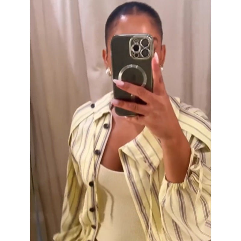 Women Striped Two-Piece Loungewear Set with Oversized Shirt Jacket and Drawstring Pants Chichicherry - Chichicherry