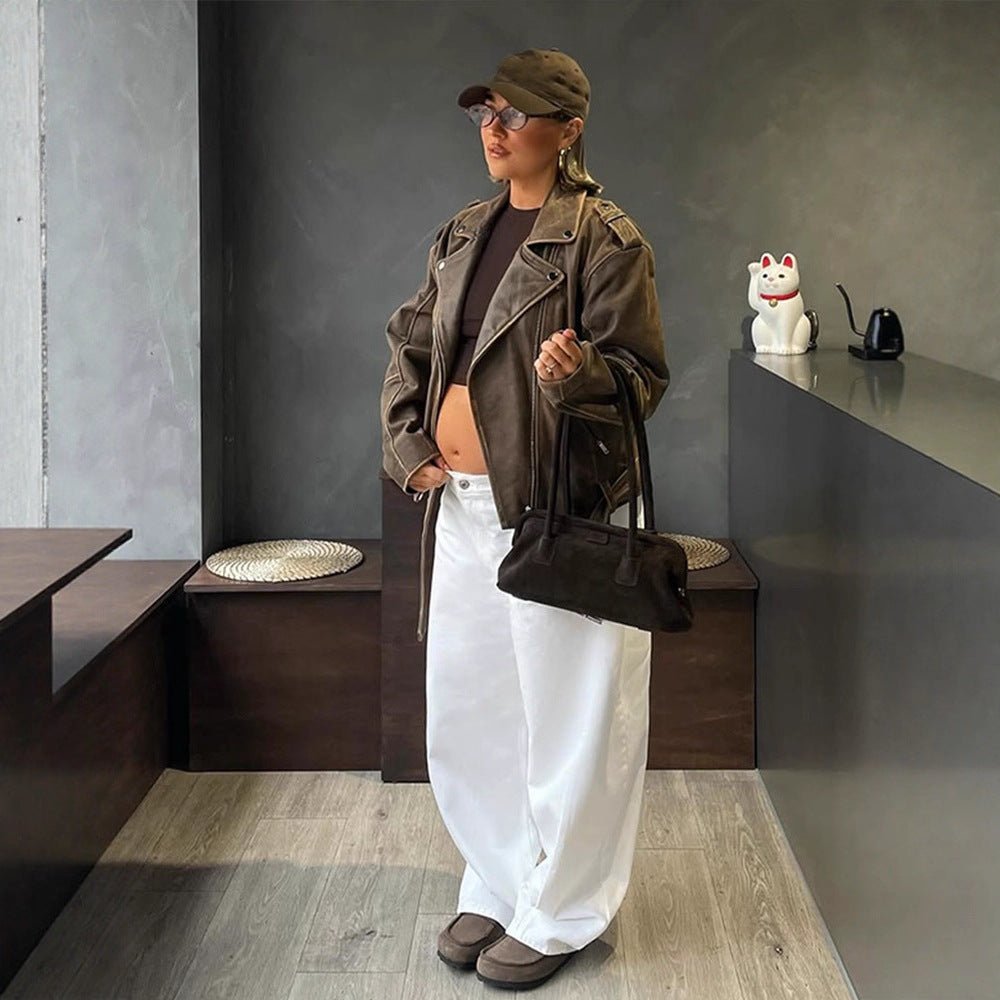 Women Suede-Look Biker Jacket with Shoulder Flaps and Asymmetrical Zipper Chichicherry - Chichicherry