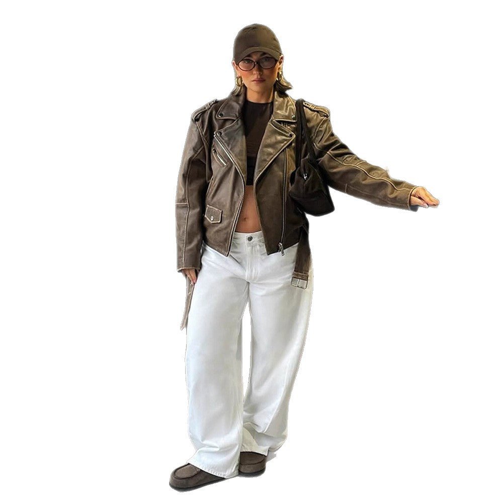 Women Suede-Look Biker Jacket with Shoulder Flaps and Asymmetrical Zipper Chichicherry - Chichicherry