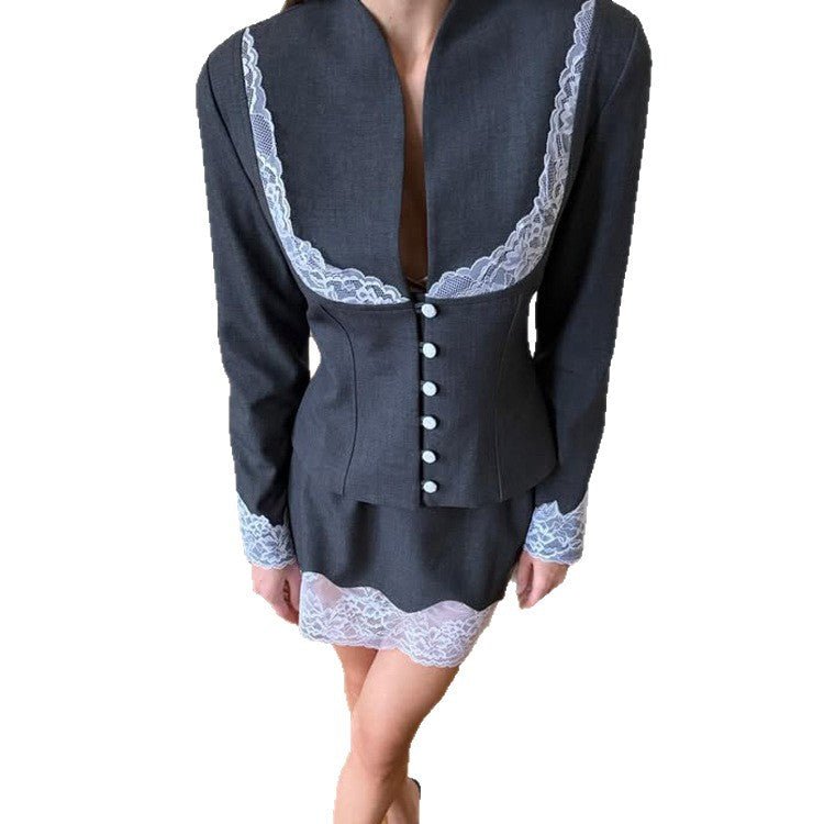 Women Tailored Blazer and Mini Skirt Set with Lace Trim Chichicherry - Chichicherry