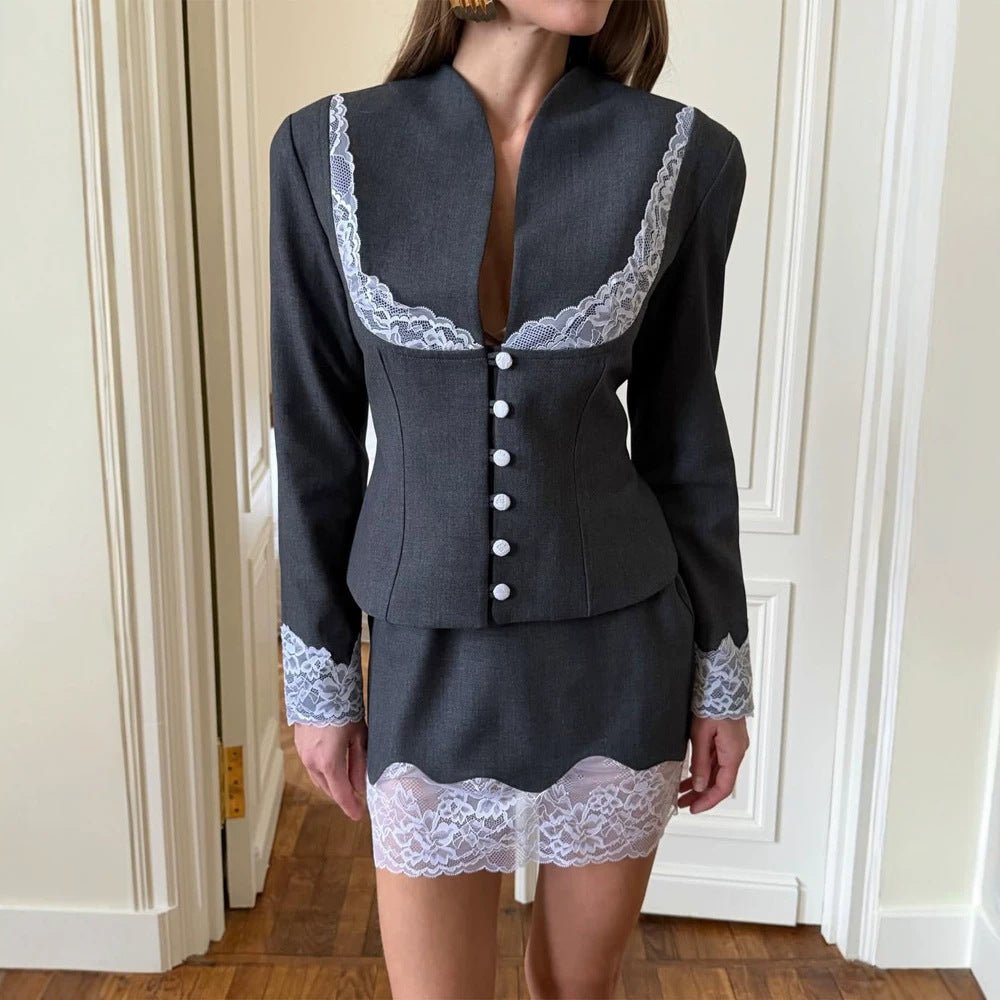 Women Tailored Blazer and Mini Skirt Set with Lace Trim Chichicherry - Chichicherry