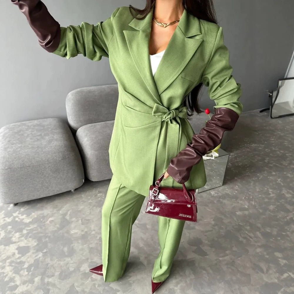 Women Tailored Blazer Coat with Tie Belt and Wide Suit Trousers Chichicherry - Chichicherry