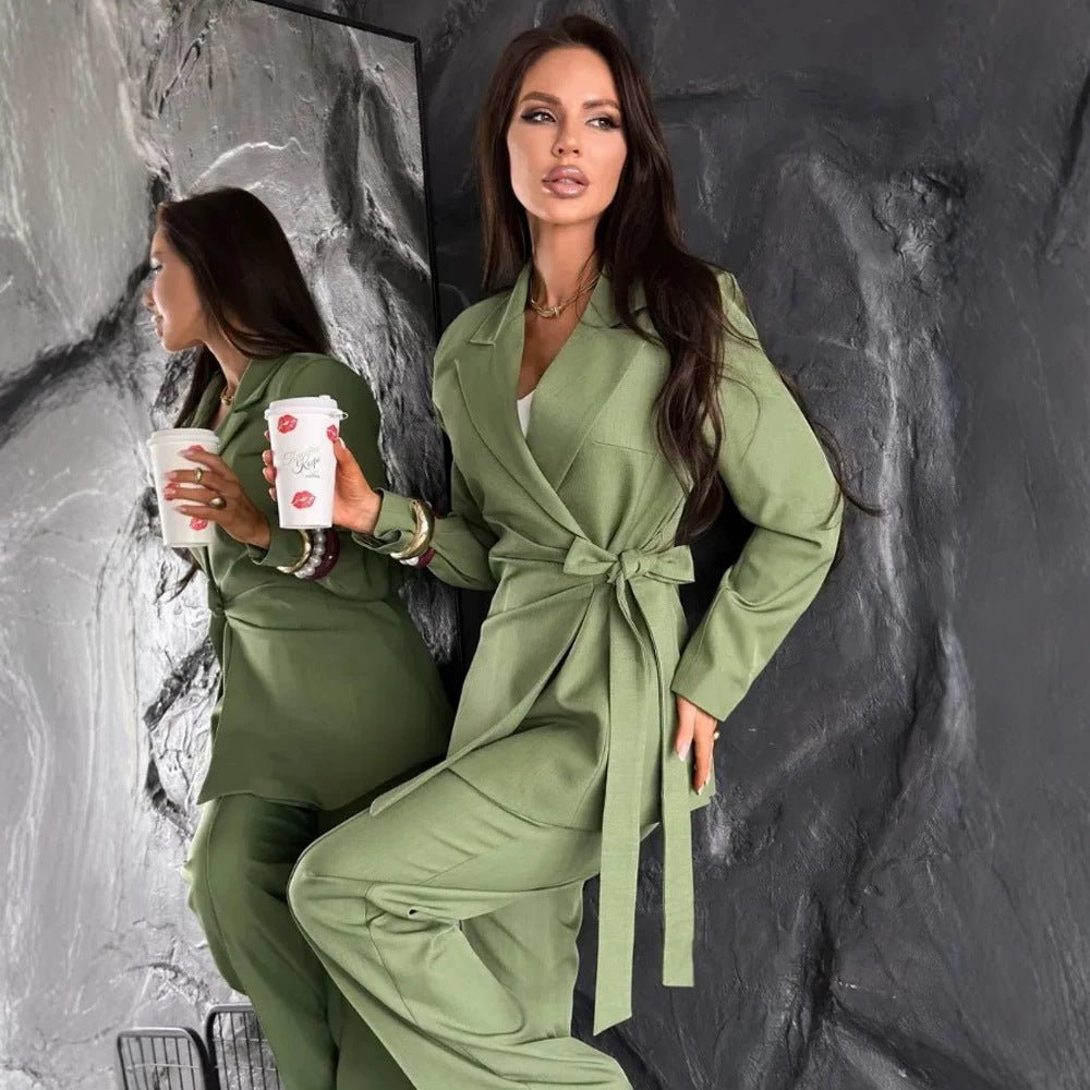 Women Tailored Blazer Coat with Tie Belt and Wide Suit Trousers Chichicherry - Chichicherry