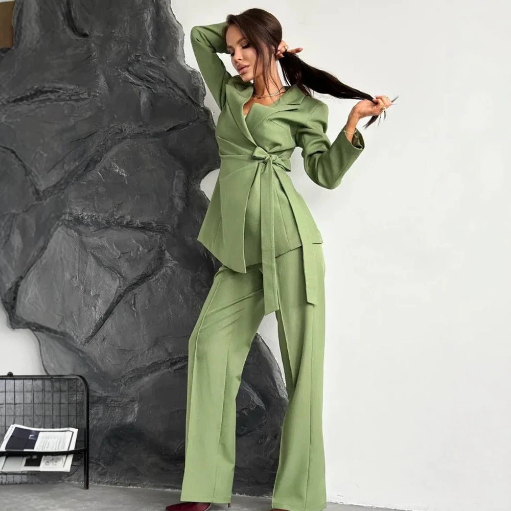 Women Tailored Blazer Coat with Tie Belt and Wide Suit Trousers Chichicherry - Chichicherry