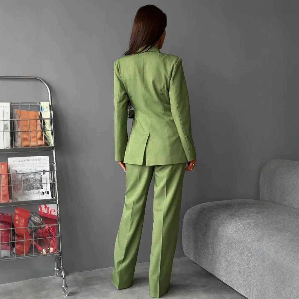 Women Tailored Blazer Coat with Tie Belt and Wide Suit Trousers Chichicherry - Chichicherry