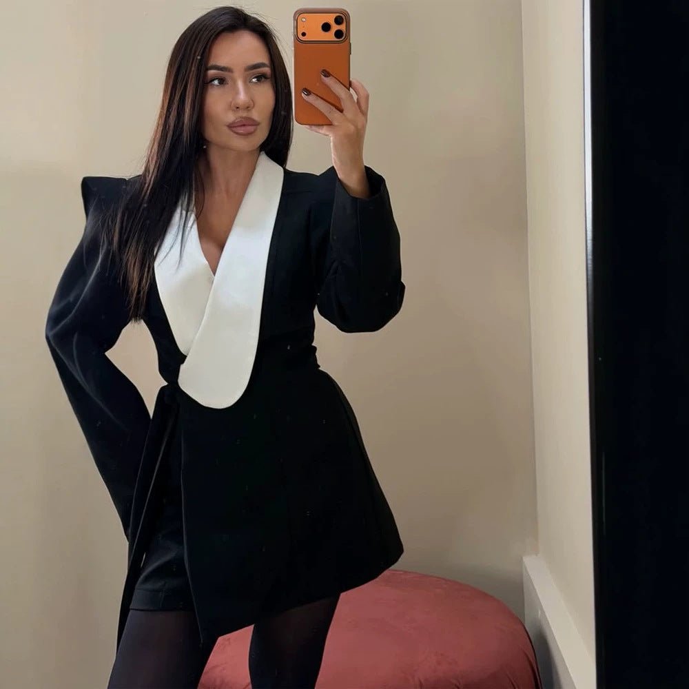 Women Tailored Blazer Dress with Contrasting Shawl Collar and Structured Shoulders Chichicherry - Chichicherry