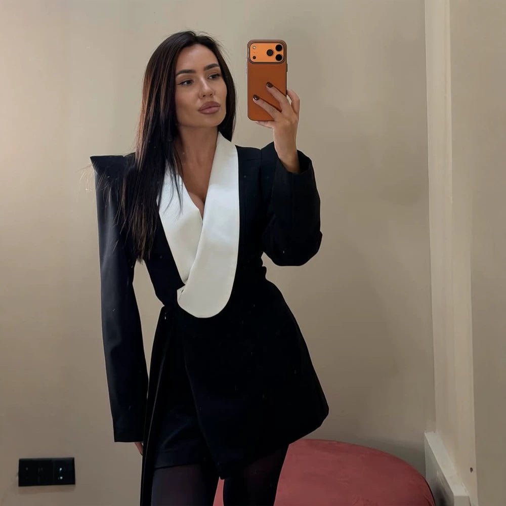 Women Tailored Blazer Dress with Contrasting Shawl Collar and Structured Shoulders Chichicherry - Chichicherry