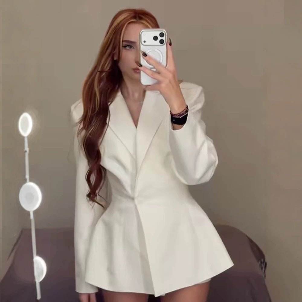 Women tailored blazer dress with sculptural waist and flared hem Chichicherry - Chichicherry