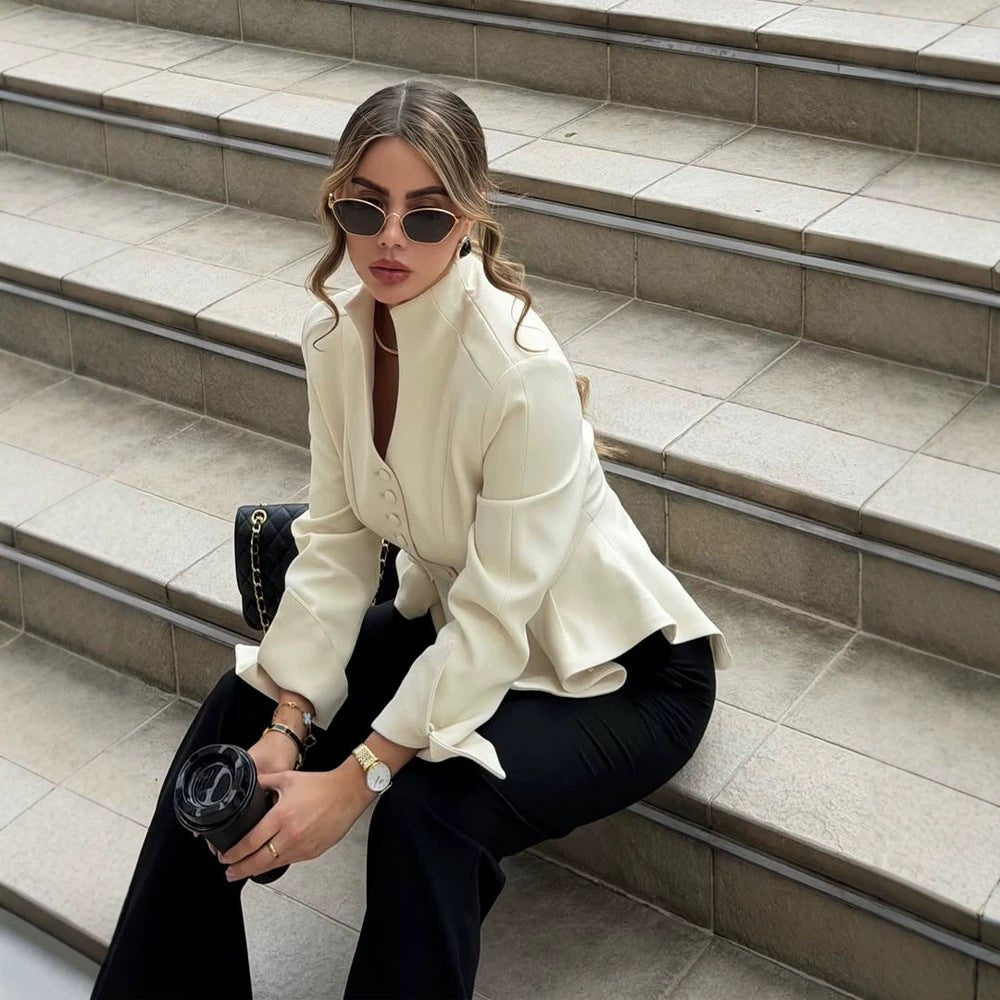 Women Tailored Blazer with Flounce, Stand Collar & Decorative Button Placket Chichicherry - Chichicherry