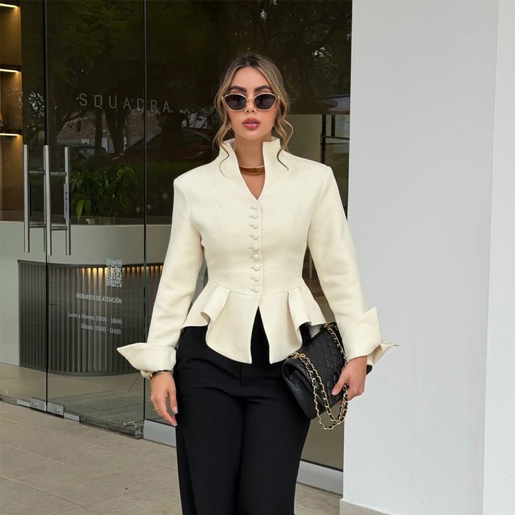 Women Tailored Blazer with Flounce, Stand Collar & Decorative Button Placket Chichicherry - Chichicherry