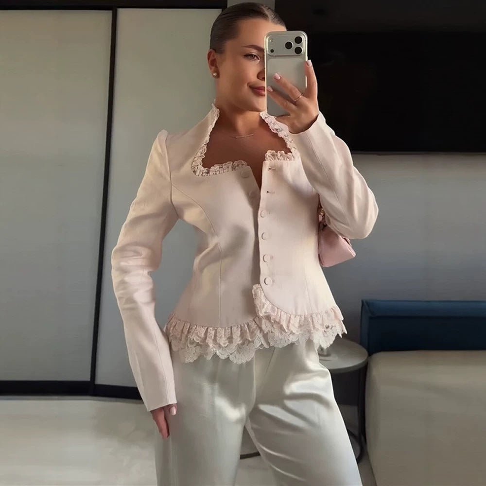Women Tailored Blazer with Lace Trim, Buttonless and Peplum Chichicherry - Chichicherry