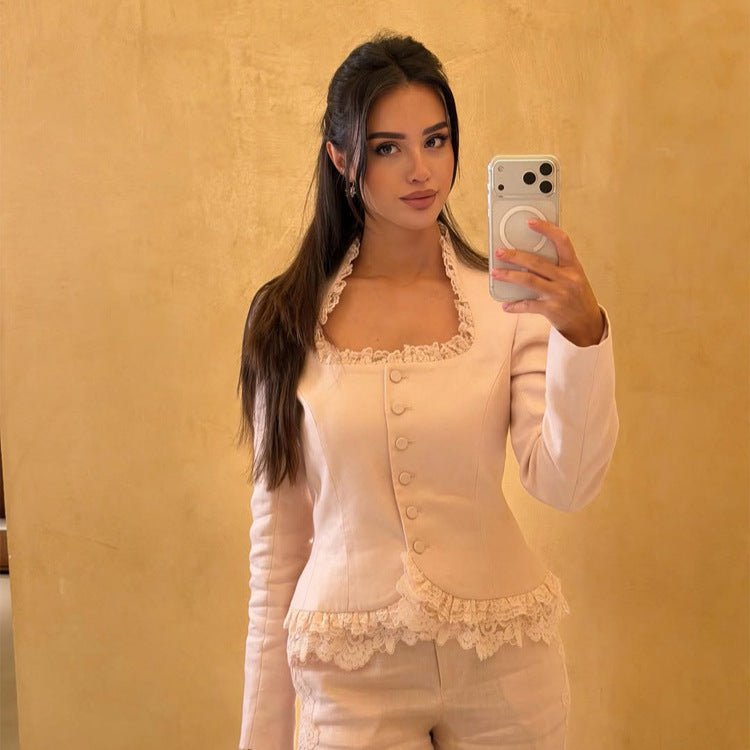 Women Tailored Blazer with Lace Trim, Buttonless and Peplum Chichicherry - Chichicherry