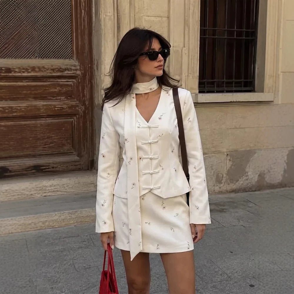 Women Tailored Blazer with Mandarin Collar, Decorative Knot Closures and Matching Mini Skirt Chichicherry - Chichicherry