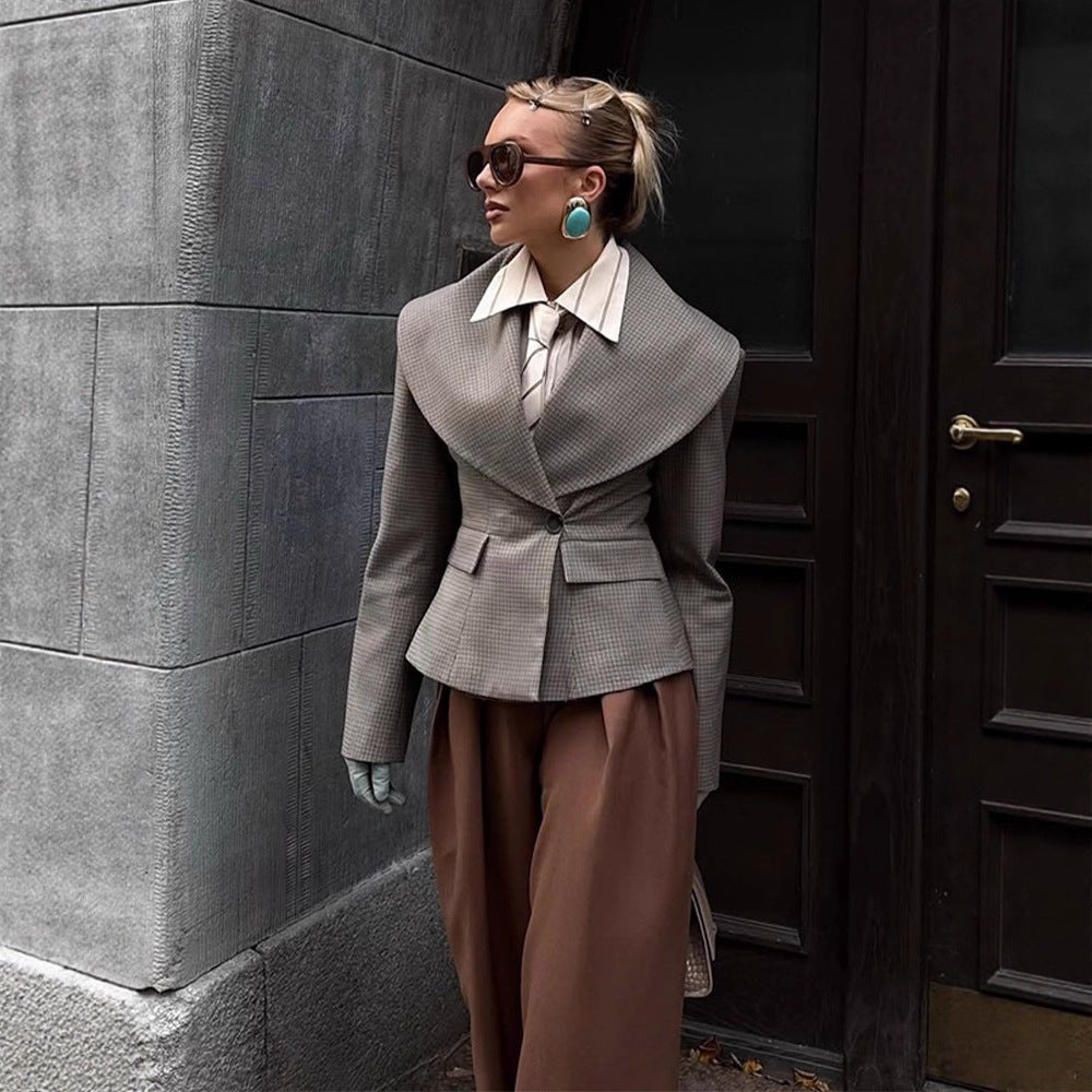 Women Tailored Blazer with Oversized Shawl Collar and Structured Peplum Waist Chichicherry - Chichicherry
