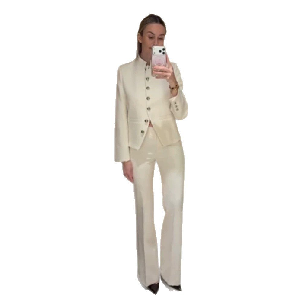 Women Tailored Blazer with Stand Collar and Silver Decorative Buttons Chichicherry - Chichicherry