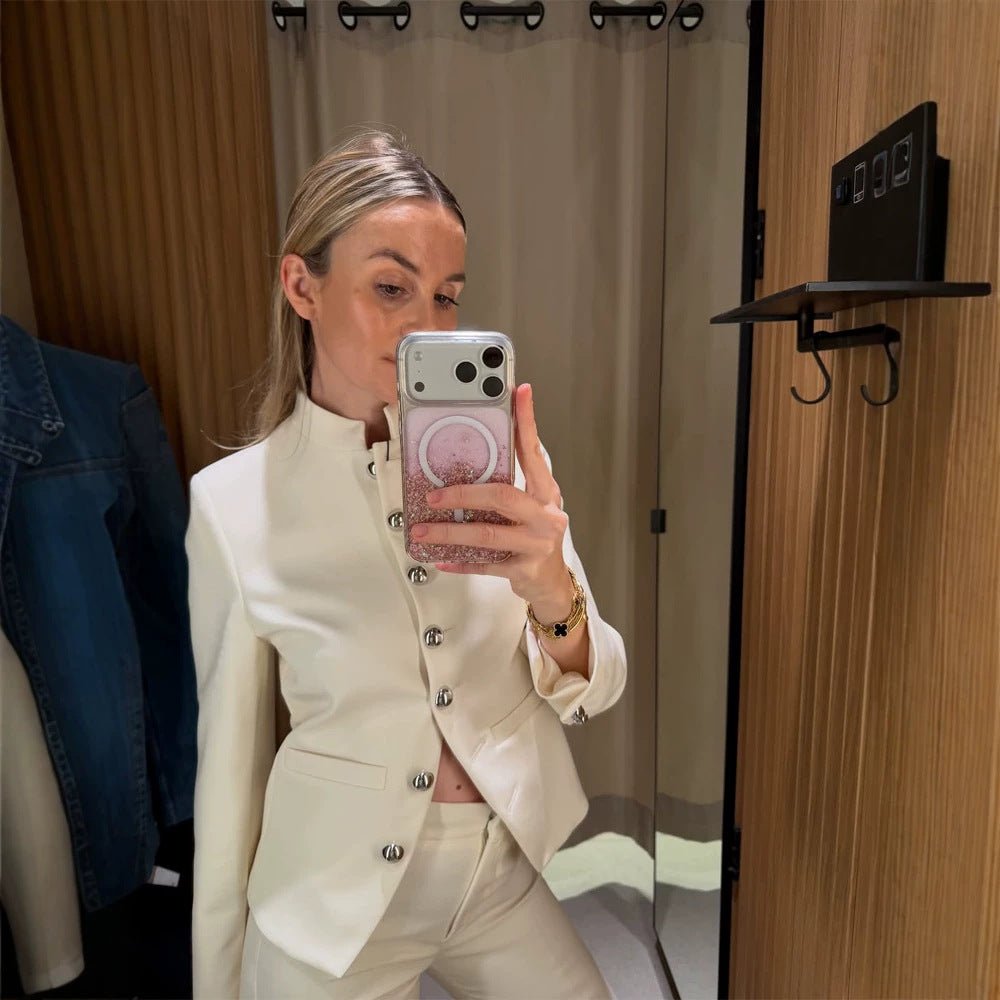 Women Tailored Blazer with Stand Collar and Silver Decorative Buttons Chichicherry - Chichicherry