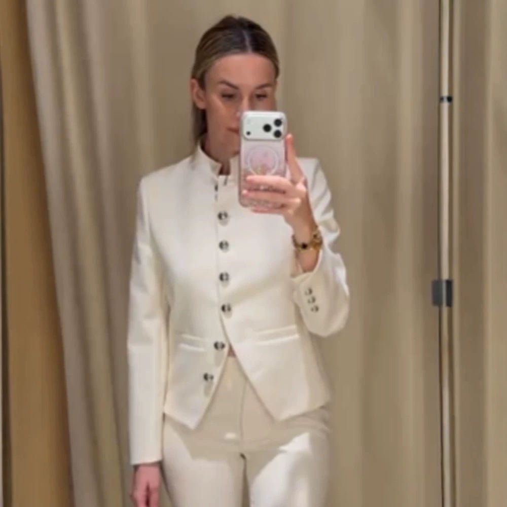 Women Tailored Blazer with Stand Collar and Silver Decorative Buttons Chichicherry - Chichicherry