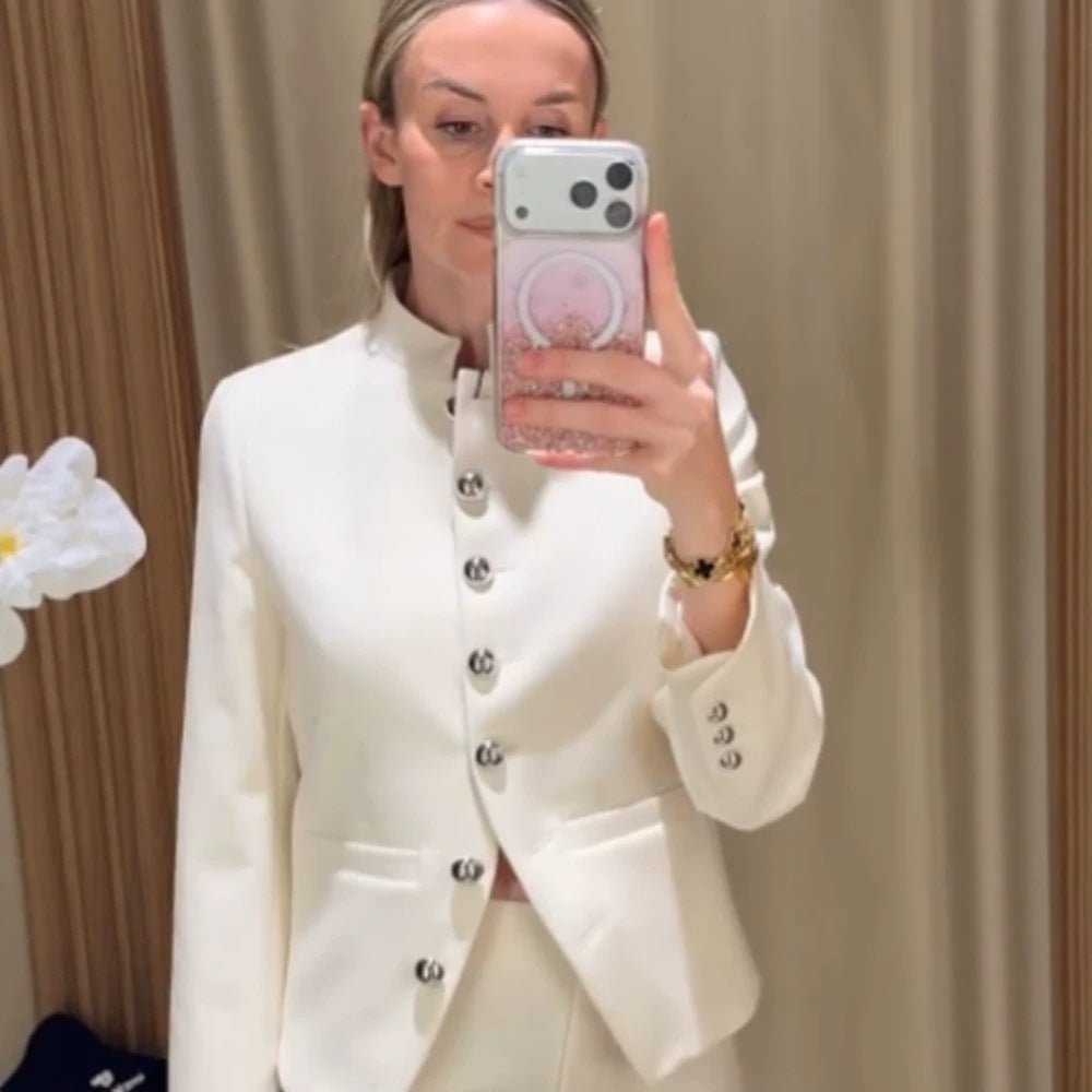 Women Tailored Blazer with Stand Collar and Silver Decorative Buttons Chichicherry - Chichicherry