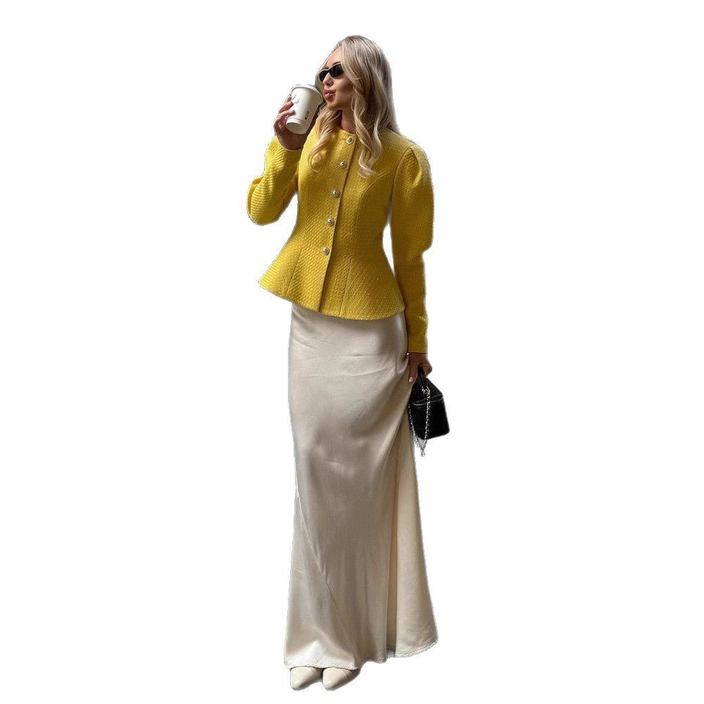 Women Tailored Bouclé Peplum Blazer with Decorative Buttons Chichicherry - Chichicherry