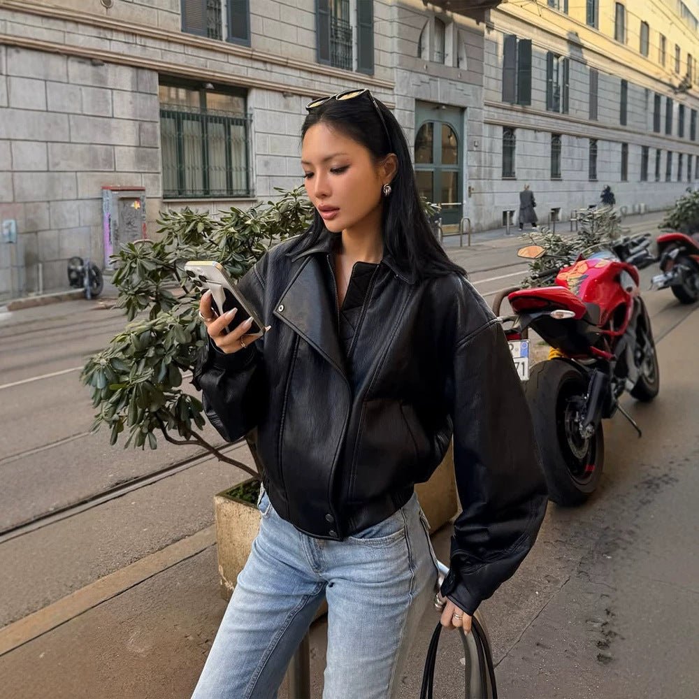 Women Tailored Boxy Bomber made of soft Vegan leather with distinctive lapels and raglan sleeves Chichicherry - Chichicherry