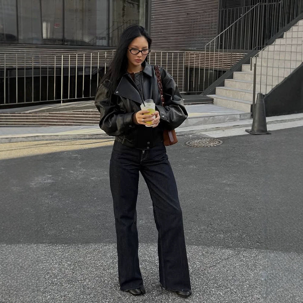 Women Tailored Boxy Bomber made of soft Vegan leather with distinctive lapels and raglan sleeves Chichicherry - Chichicherry