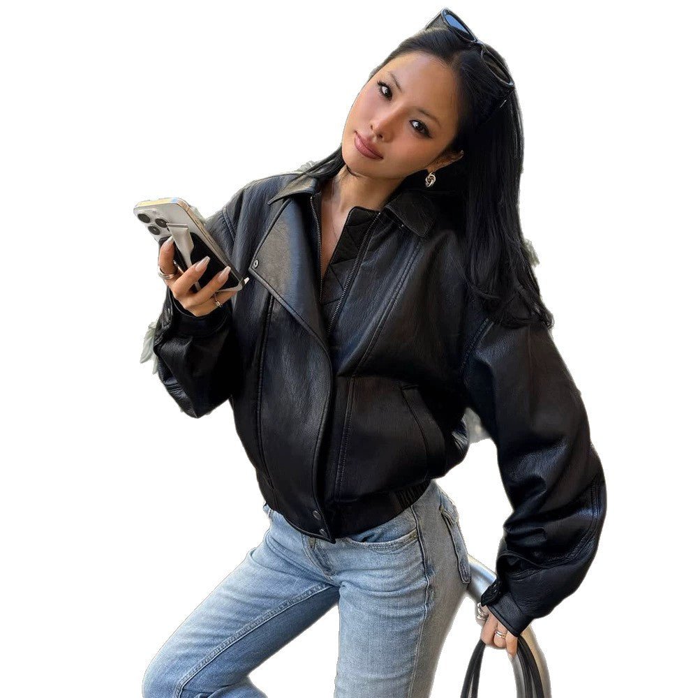 Women Tailored Boxy Bomber made of soft Vegan leather with distinctive lapels and raglan sleeves Chichicherry - Chichicherry