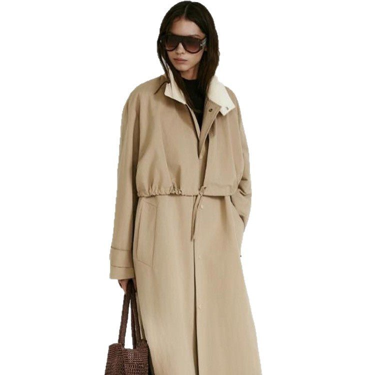 Women Tailored Coat in Trenchcoat Style with Drawstring Waist and Contrast Collar Chichicherry - Chichicherry