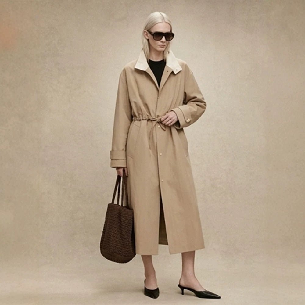 Women Tailored Coat in Trenchcoat Style with Drawstring Waist and Contrast Collar Chichicherry - Chichicherry