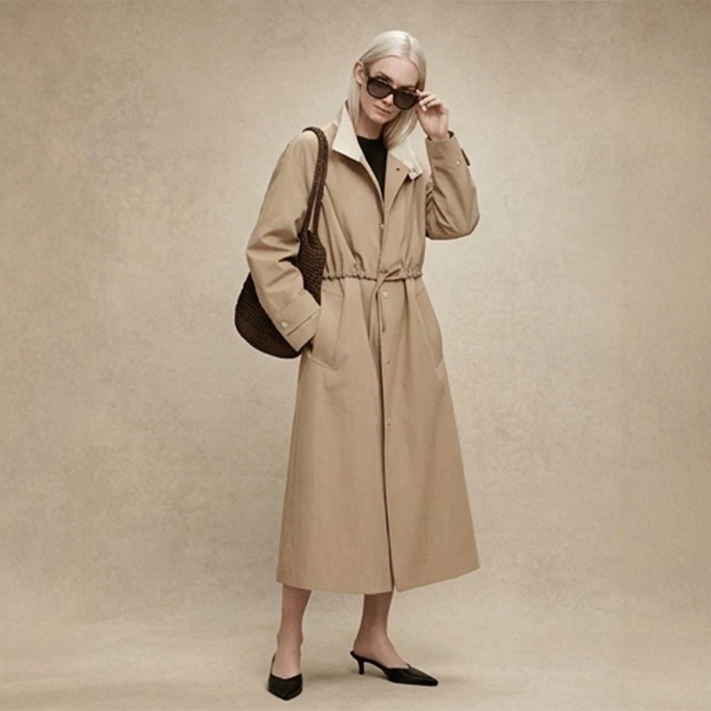 Women Tailored Coat in Trenchcoat Style with Drawstring Waist and Contrast Collar Chichicherry - Chichicherry